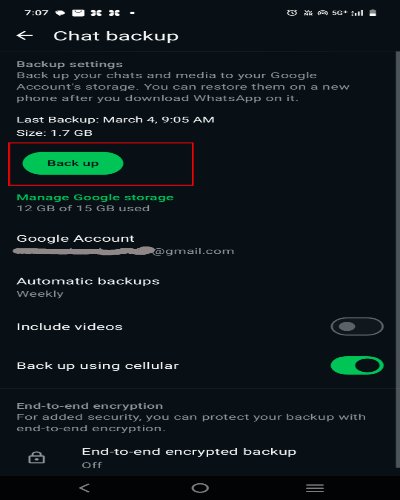 WhatsApp chat backup kaise kare- backup option par click karke backup kare chat ko